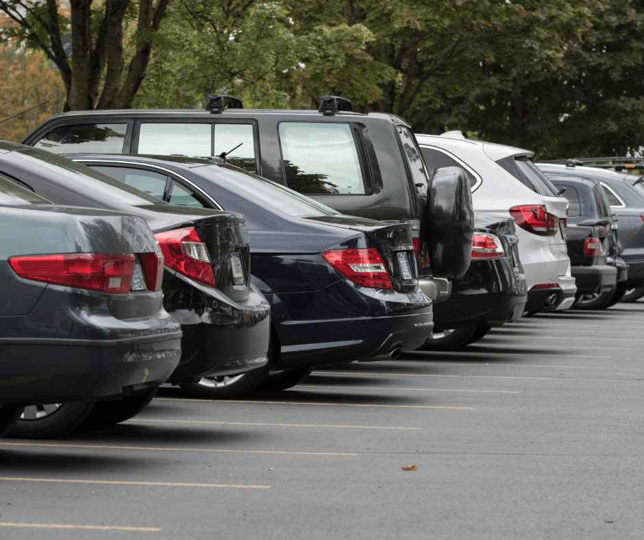 Cars lined up in a parking lot