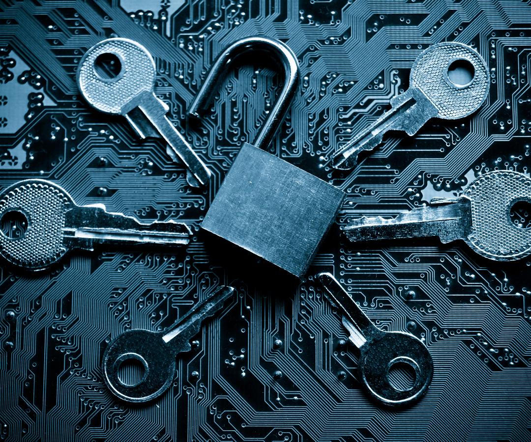 Composition of a lock, keys, and motherboard, symbolizing digital security.